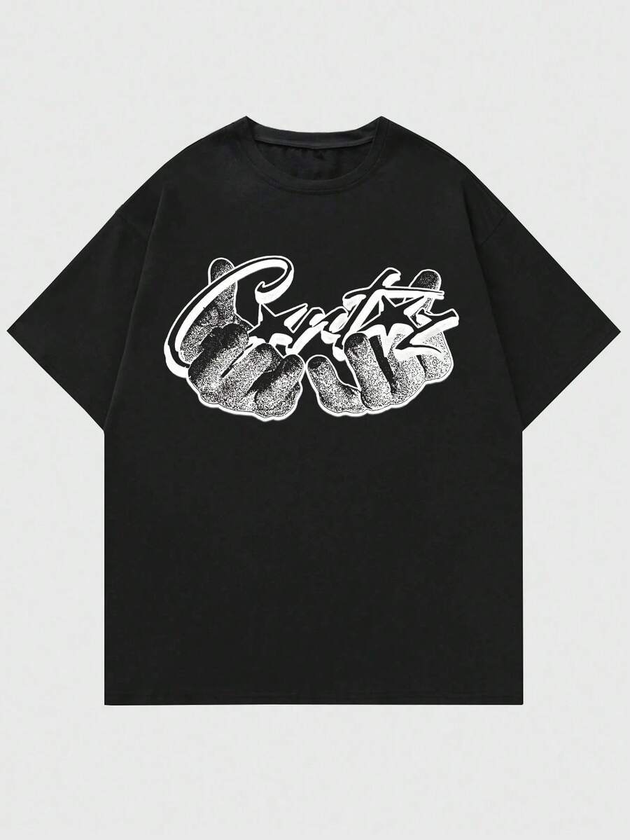 Fashion Text Graphics Printed Premium Cotton T-Shirts Men Summer Short Sleeve Tees Casual Tops - Black - View 1