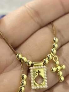 1pc Dainty Sacred Heart Scapular Necklace Gold Plated Double Tiny Pearl Rectangle Charm Bead Chain Necklace Religious Gift