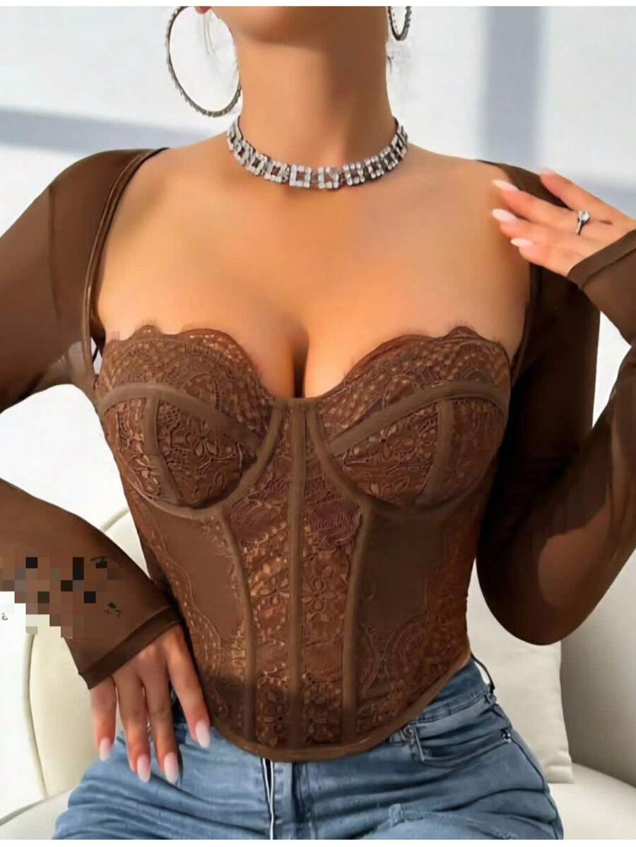 Women's Cropped Corselet Long Sleeve Tulle – Black, White And Brown | Sexy And Elegant Simple Cup Detail Bow Contrast Asymmetrical Night - 鏽棕色 - 查看 1