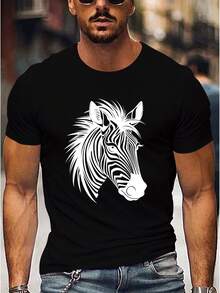 Camiseta con estampado de cebra de dibujos animados - Camisetas de manga corta cómodas y transpirables para hombres para el verano - Negro - Ver 2