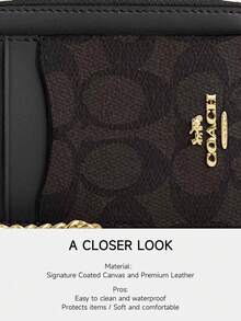 Coach 女士迷你拉链卡包，带透明证件窗口，小巧便携，可用作信用卡夹、零钱包，配有可拆卸腕带 - 胡桃木色拼黑色 - 查看 6