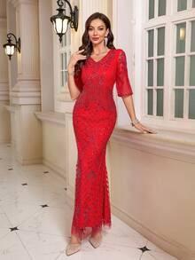 JINLICX V-Neck Sleeveless Beaded Tassel Decor Luxurious Party Wedding Dress - Red - View 6