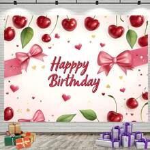 1 pieza Fondo de poliéster con mariposa Cherry Feliz Cumpleaños, decoración multifuncional roja dulce de niña Chery, sin necesidad de accesorios de estudio fotográfico