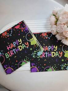 مناديل ورقية قابلة للتخلص منها بمقاس 33 * 33 سم، خلفية سوداء مع حلقات ملونة ورسومات تخطيطية، مناديل فلورية للحفلات وحفلات الرسم، "هيا نتألق"، مناسبة لحفلات عيد الميلاد والكريسماس