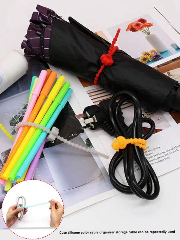 10 piezas de abrazaderas de cable de silicona de colores, organizadores de línea de datos lindos, clips reutilizables para el manejo de cables de escritorio, para útiles escolares, de vuelta a la escuela