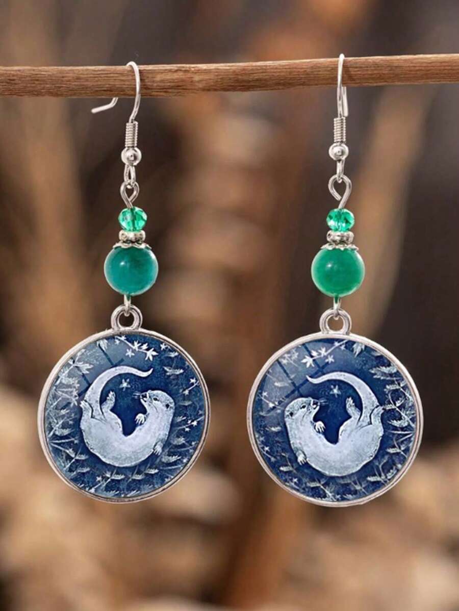 suteyi 玻璃印花水獭耳环，花卉图案，色彩鲜艳，独特的水獭珠宝