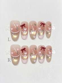 10 Peças Unhas Postiças em Formato Elíptico com Laço Rosa, Pressão Manual Pura, Laço 3D Vermelho Brilhante com Strass, Adequado para Decoração Externa, Suprimentos de Arte de Unhas Feitas à Mão