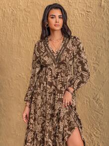 Rusttydustty Bohemian Women Plus Size Floral V-Neck Elegant Dress Casual Natural Comfortable Beach Holiday Music Festival