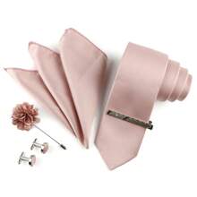 ZONFAZ 5pcs/Set Men's Business Formal Wedding Party Necktie & Pocket Square & Cufflinks & Lapel Flower & Tie Clip Combo Set, Fashion - Dusty Pink - View 5