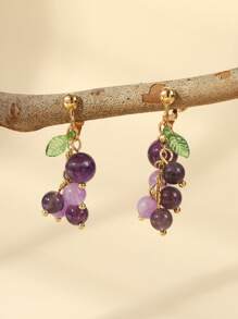 زوج من أقراط العنب الحجر الطبيعي البنفسجي بالطراز الكوري، أقراط حلوة على شكل فاكهة مناسبة للأذن غير المثقوبة