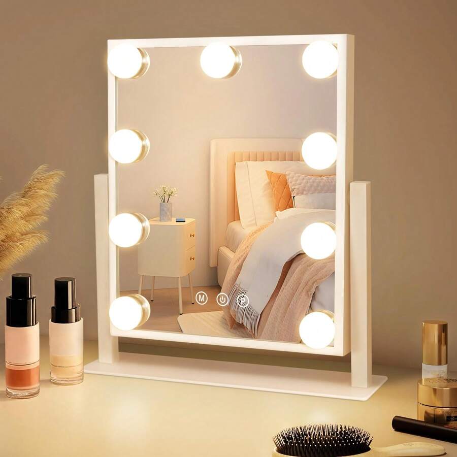 ZMH Espejo de maquillaje iluminado con 9 LED, espejo cosmético pequeño con luz, espejo de mesa giratorio de 360°, 3 modos, espejo de maquillaje con atenuación táctil.