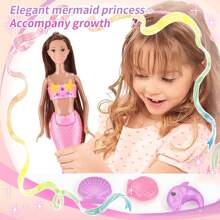 这款美人鱼娃娃拥有色彩缤纷的梦幻发型和头饰，配有海星形紧身胸衣和柔软的粉色美人鱼尾巴，适合作为3-8岁女孩的生日礼物。