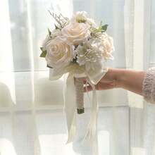 Ramos de flores de boda para novia de color blanco y champán, flores artificiales para sostener en la mano