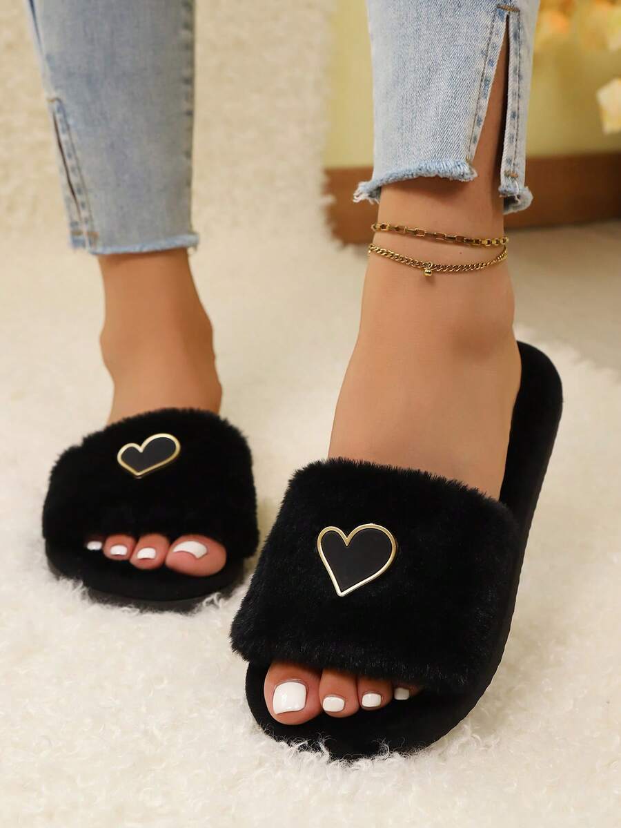 Heart-Shaped Plush Slippers For Women, Soft & Comfortable Soft-Sole Open Toe Slides, Lightweight & Suitable For Living Room, Bedroom, All Seasons - Black - View 1