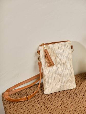 Cirelle 1 Stück Mini Umhängetasche, handgeflochtene Tragetasche, einfarbig, tragbar, mit französischem Quastendekor, große Kapazität, multifunktional, mit Reißverschluss und Schultergurt, Strandtasche, Strandaccessoires und Sommerbedarf, Geldbörse, Damen Mini-Umhängetasche, Geldbörse, Weihnachtsgeschenk, Muttertagsgeschenk, Reiseaccessoires, Rückkehr zur Schule, Geschenke für Frauen/Mädchen/Freundin