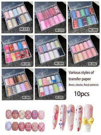 10 件美甲印花贴纸，新款 Ins 风格花卉、星空图案，10 色套装，款式多样，高品质蝴蝶、格子、雏菊、向日葵印花贴花，光泽柔软，易于使用，适合初学者，便携旅行，送给朋友、女朋友、情人节、母亲节的绝佳礼物
