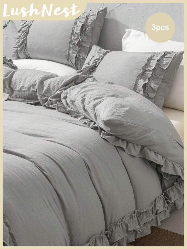 Plain Grey Ruffle Duvet Cover Set Boho Farmhouse Bedding Twin Queen King Size Boho Shabby Chic  Bedding Set 3 Pcs Super Soft Breathable Microfiber Duvet Cover 1 Duvet Cover With Zipper 2 Pillowcases No Comforter Gifts For Women&Men School Bedding