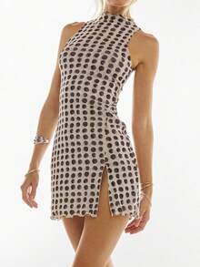 Women Y2k High Neck Mini Dress Sleeveless Polka Dot/Vinatge Floral Print Slit Hem Bodycon Dress Sexy Short Dress  Beach Vacation Dress Clubwear - Cà phê - Xem 6
