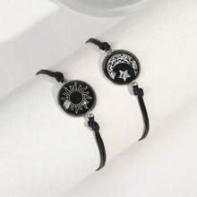 2pcs Glow In The Dark Luminous Couple Bracelets, Best Friends Romantic Gift, Sun Moon Star Wax Rope Bracelet, Suitable For Daily, Date, Party Wear