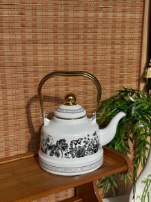 1 Set Enamel Kettle, Oriental Charm Enamel Pot,Checkered Lemon Pattern,Underglaze Blue Bird Pattern, Wonderful Items With High Aesthetic Appeal Gift, Suitable For The Kitchen, Living Room, Courtyard And Dining Table.