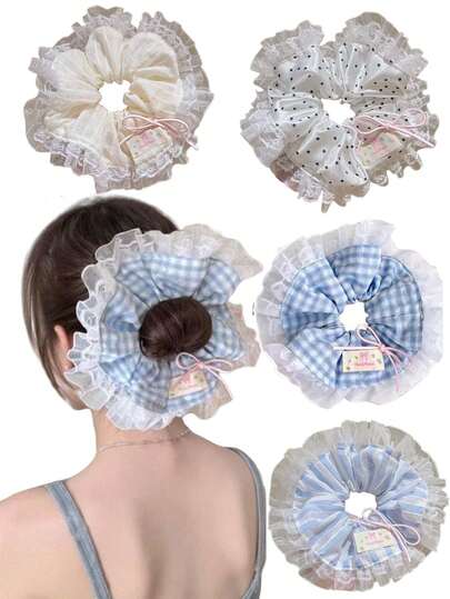 1件套甜美蕾丝发圈套装 - 4种款式，包括格子和波点设计，完美打造优雅发型，是女孩和女士的理想发饰，可用作马尾辫发圈、橡皮筋发圈、发绳发圈、头饰发带。