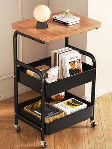 1pc Wooden Desktop Rolling Cart, 3-Tier Metal Multipurpose Rolling Storage Cart With Lockable Wheels, Suitable For Kitchen, Office, Bedroom (Black/White)