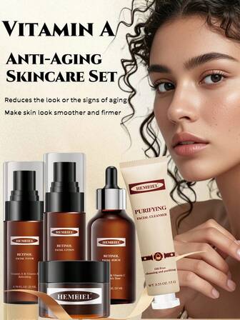 HEMEIEL 5件套视黄醇抗衰老抗皱套装 – 全套护肤步骤（洁面乳/爽肤水/精华液/乳液/面霜）| 紧致肌肤，减少细纹，促进胶原蛋白生成 | 母亲节、圣诞节和生日的理想礼物 | 适用于老化和暗沉肌肤