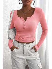 Women's 2025 Fall Long Sleeve Henley Shirts Button Ribbed Knit Casual Basic Tops Blouse - Pink - View 4