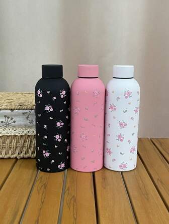 500ml/16.9oz Floral Pattern Stainless Steel Compact Mouth Cup, Portable Vacuum Insulated Water Bottle With Rubber Coating, Suitable For Home, Outdoor Sports, Gift For Family And Friends, Back To School