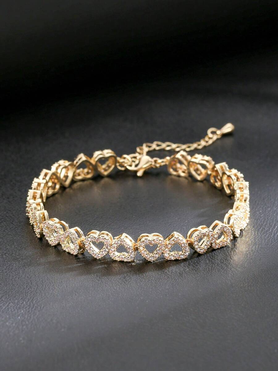 1pc Luxury Heart-Shaped Zirconia Bridal Bracelet, Adjustable Elegant Minimalist High-End Sparkly Gift For Women - Gold - View 1