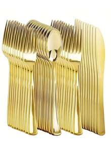 150pcs Gold Cutlery Set, 50pcs Spoons, 50pcs Forks, 50pcs Knives, Washable And Reusable, Suitable For Gatherings, Festivals, Birthdays, Parties, Kitchen And Dining, Weddings, Team Building, Outdoor Activities, Home Parties, Cakes, Salads, Etc.