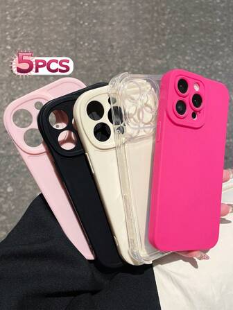 5 piezas Fundas de teléfono sólidas multicolor, fundas de teléfono sólidas transparentes y versátiles de moda que combinan protección y diseño, compatibles con , Galaxy y otros modelos de teléfonos, en colores negro/rosa/burdeos/beige/transparente