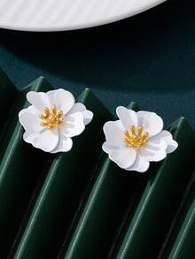 一对花卉彩绘白色耳环，适合女性度假佩戴 - 白色 - 查看 5