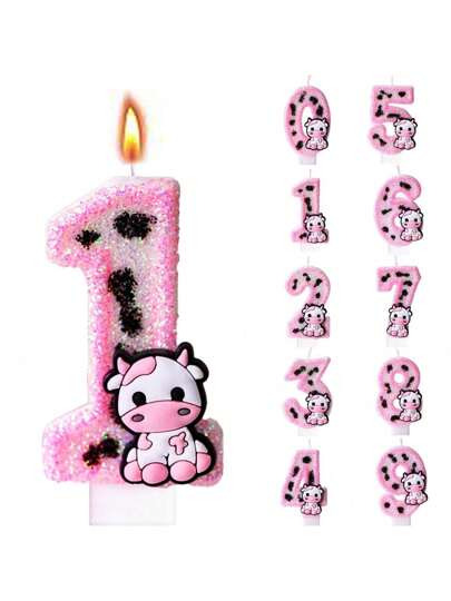 1 pieza Vela de cumpleaños con brillo de vaca rosa, vela con número para pasteles de cumpleaños, vela con número con tema de vaca para decoraciones de fiesta de cumpleaños como decoración de tarta