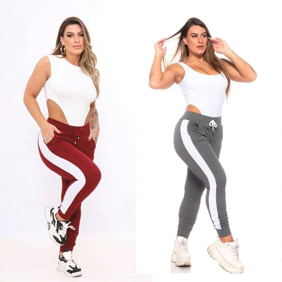 Kit With 2 Crepe Pants With Simple Knotted Belt, Pocket, Drawstring - Marsala and Gray - View 1