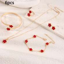 6 件/套韩式五叶花耳环、项链、手链、戒指首饰套装，时尚幸运花和梅花配饰，适合情人节、日常佩戴、节日礼物、妈妈、母亲、母亲节、礼物 - 玫瑰金 - 查看 9