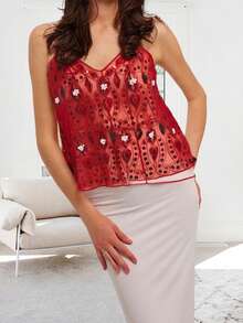 Women's Sequin Slim Camisole Spaghetti Strap V-Neck Slim Fit Cropped Tank Tops Streetwear - 紅色 - 查看 2