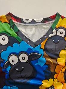 Cute V-Neck Nurse Costume With Cartoon Animal Print, Contrast Color, Double Pockets, Great For Halloween Gift