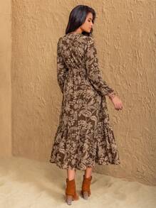 Rusttydustty Bohemian Women Plus Size Floral V-Neck Elegant Dress Casual Natural Comfortable Beach Holiday Music Festival