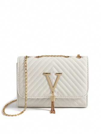 Elegant Quilted Chain Crossbody Bag For Women - Synthetic Synthetic Leather Shoulder Purse With Golden-Tone V-Shaped Clasp, Detachable Strap, And Magnetic Closure - Black/White Options, Small Crossbody Bag