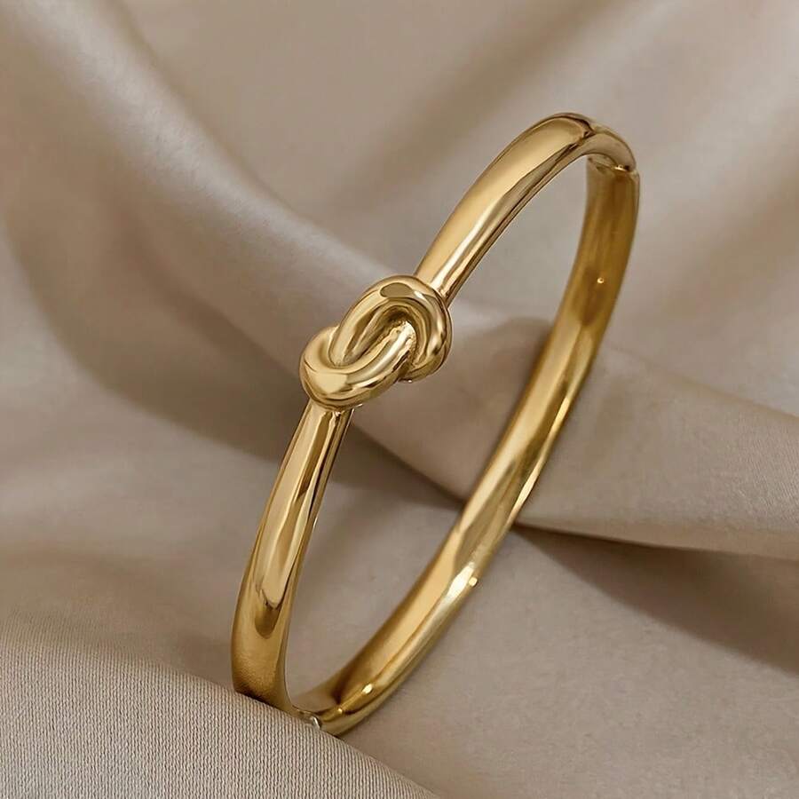 Vintage Gold Stainless Steel Knot Cuff Bracelet - Vintage Style Twist Bracelet, Stylish Minimalist Design, Ideal For Daily Wear And Special Occasions, Ideal Valentine's Day Gift For Couples, Couple Bracelet - Vàng - Xem 1