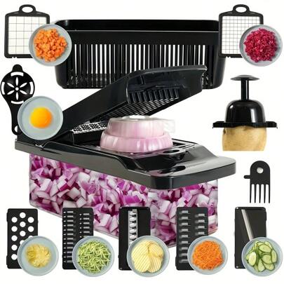 14 In 1 Vegetable Chopper - Multifunctional Fruit Slicer, Vegetable Slicer With Container, Multi Blade Interchangeable And Compact Storage Design, Onion Chopper, No Electricity Required, Used For Cutting Diced Potatoes, Shredded Potatoes, Onions, Household Potato Chopper, Household Kitchen Supplies, Kitchen Small Tools, Vegetable And Fruit Slicer, RV Accessories