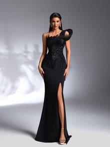 IBTRLY 优雅黑色弹力面料珠饰亮片贴花开衩正式晚礼服，适合正式晚宴、婚礼、情人节、生日派对、毕业典礼等场合（装饰繁复）（尺码偏大，建议顾客参考尺码表）春季 - 黑色 - 查看 8