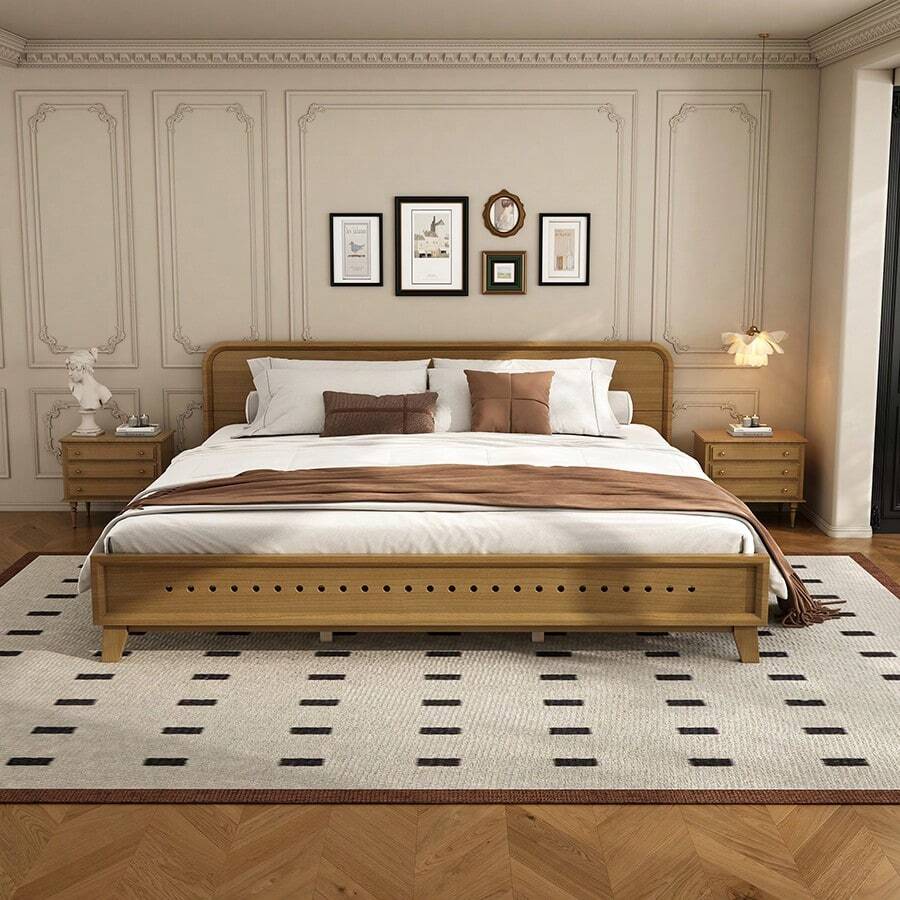 YOGLAD Solid Wood King Size Bed Frame, Queen Size Pine Wood Platform Bed, No Box Spring Needed, Sturdy Modern Farmhouse Style, Under Bed Storage Space, Easy Assembly, Heavy Duty Support For 600 Lbs, Classic Rustic Bedroom Furniture - Nature - 查看 1