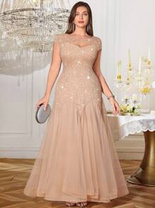 优雅亮片花卉蕾丝撞色网纱荷叶边下摆长裙，适合晚宴、返校舞会、婚礼宾客、生日、毕业典礼等场合。 - 香檳色 - 查看 8