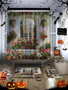 1 pieza de Cortina de ducha para el jardín al aire libre con bellas flores de tulipán, plantas verdes, hojas y enredaderas, estilo de moda, decoración del baño del hogar, cortina de ducha, cortina divisoria de la bañera, con 12 ganchos, accesorios de decoración del patio para el fondo del baño - Multicolor - Ver 7