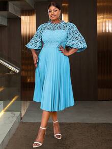 Váy xếp ly ren tay lửng khoét rỗng thanh lịch midi dự tiệc cưới, trang phục tốt nghiệp - Màu xanh lam - Xem 2