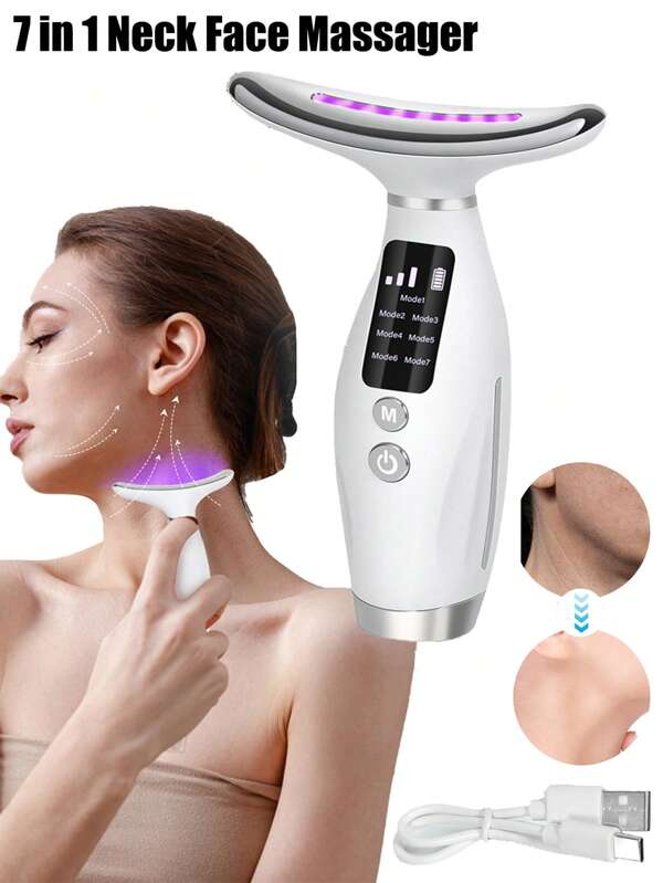 Neck Face Massager, Red-Light-Therapy Massager, 7 Color Portable Facial Massager For Enhanced Face, Neck And Shoulder Care With Vibrating And Warming Function, 400mAh