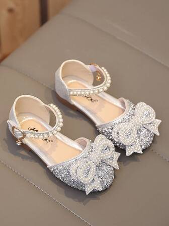 1 par moderiktiga mångsidiga rosa flickskor med pärlor och strass, söta platta sandaler, rund tå, lämpliga för vardagsbruk, dans, utomhus på vår och höst, glitterdekorerade prinsessskor med stängd tå, små i storleken och halva storleken