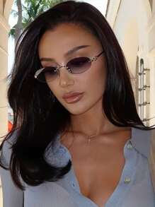 1 pieza Gafas de moda con montura metálica pequeña y ovalada sin marco, adecuadas para uso diario, verano, playa, vacaciones, exteriores, viajes y accesorios escolares, forma ovalada